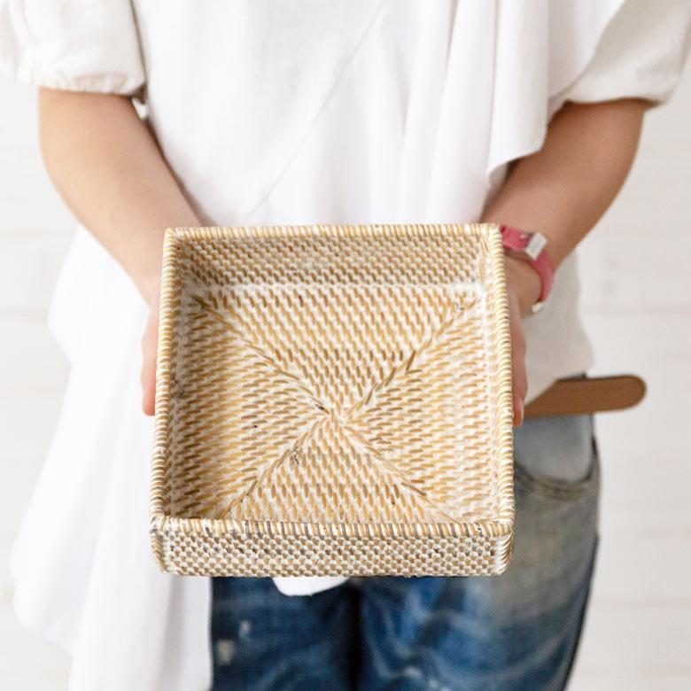 収納バスケット ラタン製 ホワイトウォッシュ 正方形 スクエア型 収納バスケット 小物収納 ラタンバスケット 小物入れ アジアン雑貨 13464 | ブランド登録なし | 07