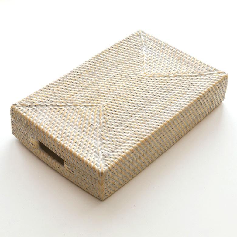 トレイ ラタン製 ホワイトウォッシュ 持ち手付き スクエア型 デコレーショントレイ 小物収納 小物入れ ラタンバスケット お盆 籐 アジアン雑貨 13465 | ブランド登録なし | 14