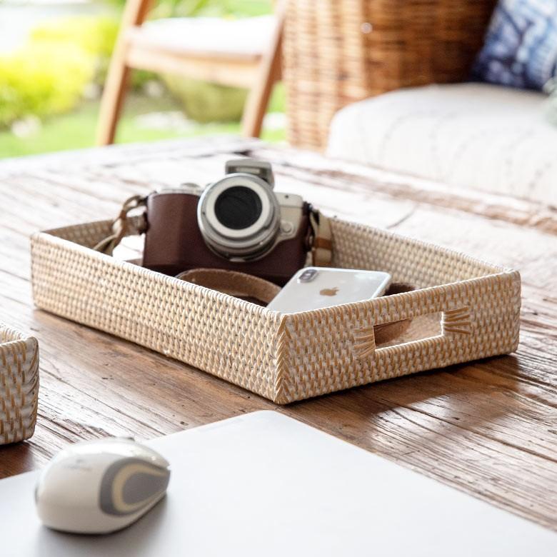 トレイ ラタン製 ホワイトウォッシュ 持ち手付き スクエア型 デコレーショントレイ 小物収納 小物入れ ラタンバスケット お盆 籐 アジアン雑貨 13465 | ブランド登録なし | 02