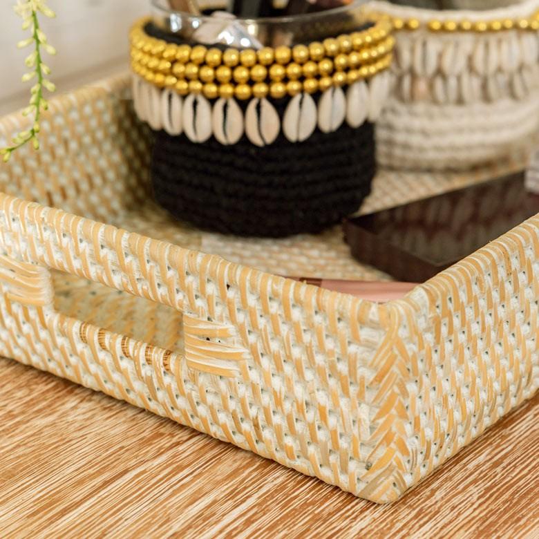 トレイ ラタン製 ホワイトウォッシュ 持ち手付き スクエア型 デコレーショントレイ 小物収納 小物入れ ラタンバスケット お盆 籐 アジアン雑貨 13465 | ブランド登録なし | 06