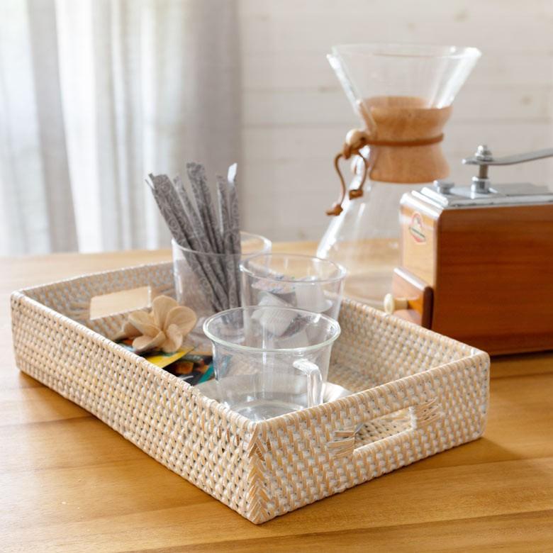 トレイ ラタン製 ホワイトウォッシュ 持ち手付き スクエア型 デコレーショントレイ 小物収納 小物入れ ラタンバスケット お盆 籐 アジアン雑貨 13465 | ブランド登録なし | 07