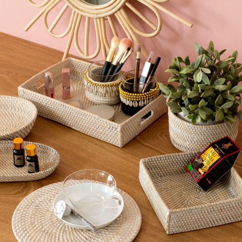 トレイ ラタン製 ホワイトウォッシュ 持ち手付き スクエア型 デコレーショントレイ 小物収納 小物入れ ラタンバスケット お盆 籐 アジアン雑貨 13465 | ブランド登録なし | 09