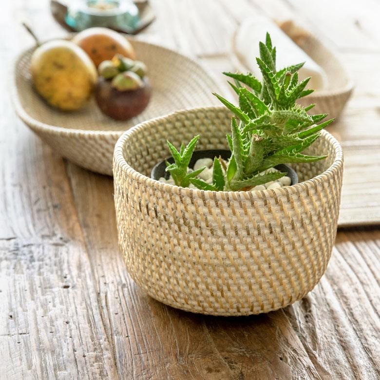 プランターカバー ラタン製 ホワイトウォッシュ 丸型 ラウンドバスケット 植木鉢カバー プランツ 小型プランター 観葉植物 グリーン アジアン雑貨 13466 | ブランド登録なし | 02