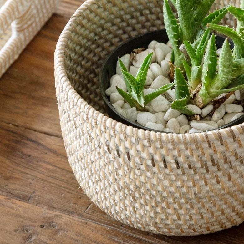 プランターカバー ラタン製 ホワイトウォッシュ 丸型 ラウンドバスケット 植木鉢カバー プランツ 小型プランター 観葉植物 グリーン アジアン雑貨 13466 | ブランド登録なし | 04