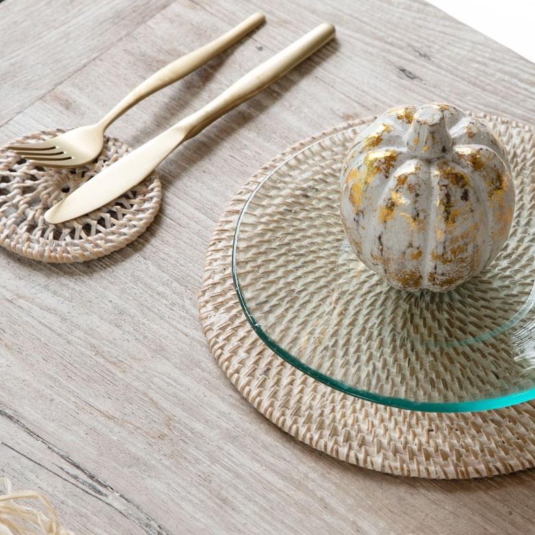 ランチョンマット ラタン製 ホワイトウォッシュ 丸形 プレイスマット キッチン雑貨  テーブルコーディネート テーブルマット アジアン雑貨 カフェ風 13472 | ブランド登録なし | 15