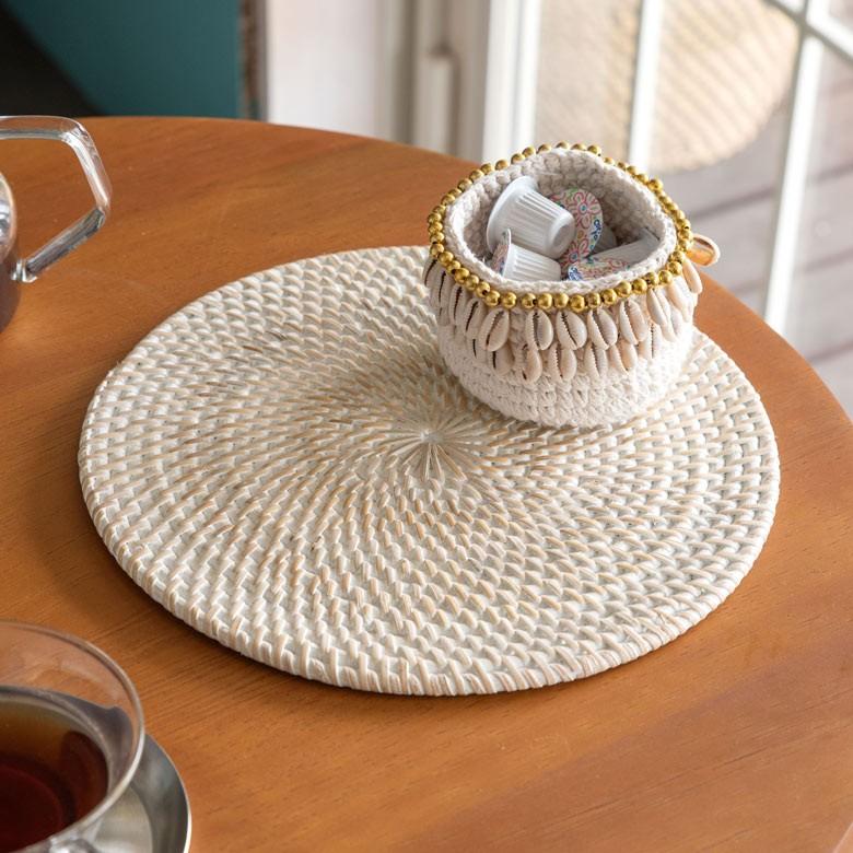 ランチョンマット ラタン製 ホワイトウォッシュ 丸形 プレイスマット キッチン雑貨  テーブルコーディネート テーブルマット アジアン雑貨 カフェ風 13472 | ブランド登録なし | 03