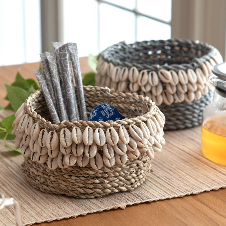 小物入れ 収納バスケット カゴ かごバスケット おしゃれ シェル付き バリ アジアン 収納ケース インテリア ナチュラル リゾート 1351 | ブランド登録なし