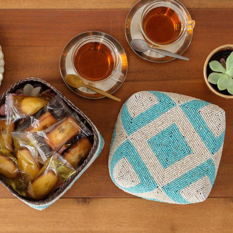 小物入れ L 蓋つき ビーズ製 バスケット 収納 ダイヤ柄 アジアン雑貨 Lサイズ アクセサリーボックス ソカシ フタ付きケース ブルー おしゃれ 13532-l | ブランド登録なし | 17