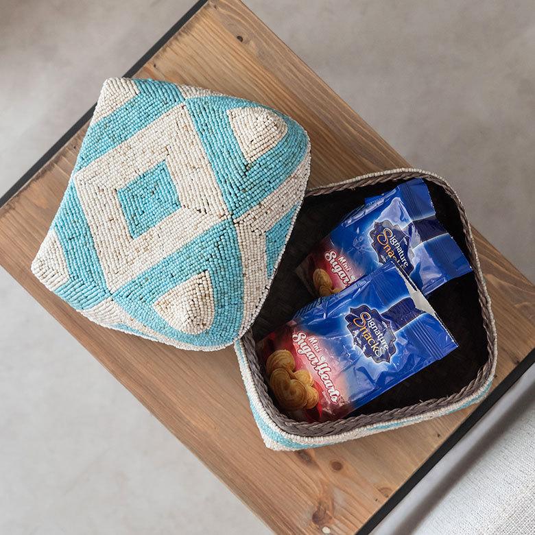 小物入れ L 蓋つき ビーズ製 バスケット 収納 ダイヤ柄 アジアン雑貨 Lサイズ アクセサリーボックス ソカシ フタ付きケース ブルー おしゃれ 13532-l | ブランド登録なし | 02