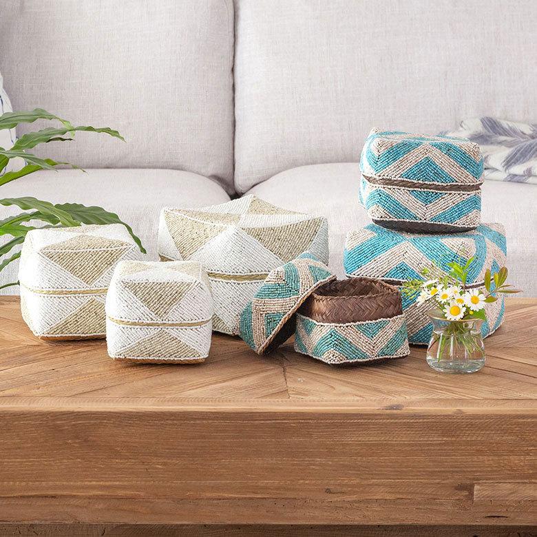 小物入れ L 蓋つき ビーズ製 バスケット 収納 ダイヤ柄 アジアン雑貨 Lサイズ アクセサリーボックス ソカシ フタ付きケース ブルー おしゃれ 13532-l | ブランド登録なし | 04