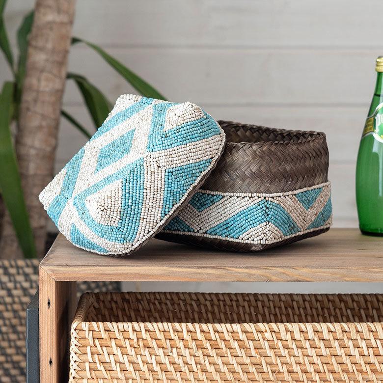 小物入れ M 蓋つき ビーズ製 バスケット 収納 ダイヤ柄 アジアン雑貨 Mサイズ アクセサリーボックス ソカシ フタ付きケース ブルー おしゃれ 13532-m | ブランド登録なし | 11