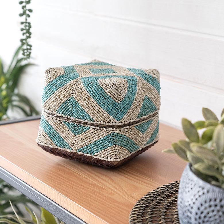 小物入れ M 蓋つき ビーズ製 バスケット 収納 ダイヤ柄 アジアン雑貨 Mサイズ アクセサリーボックス ソカシ フタ付きケース ブルー おしゃれ 13532-m | ブランド登録なし | 13