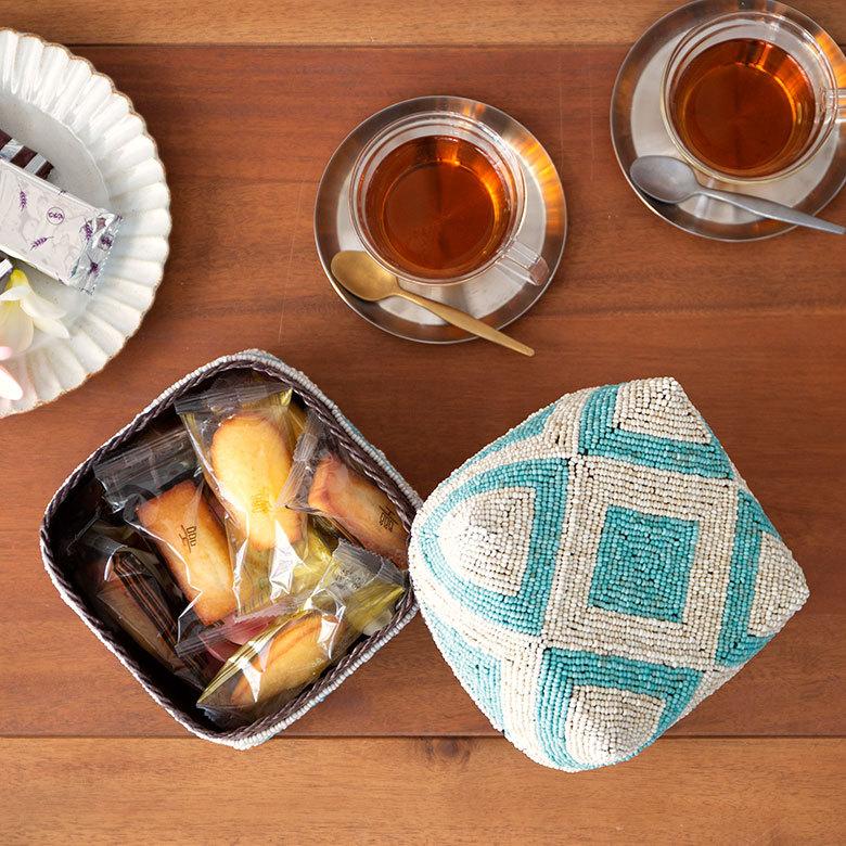 小物入れ M 蓋つき ビーズ製 バスケット 収納 ダイヤ柄 アジアン雑貨 Mサイズ アクセサリーボックス ソカシ フタ付きケース ブルー おしゃれ 13532-m | ブランド登録なし | 17