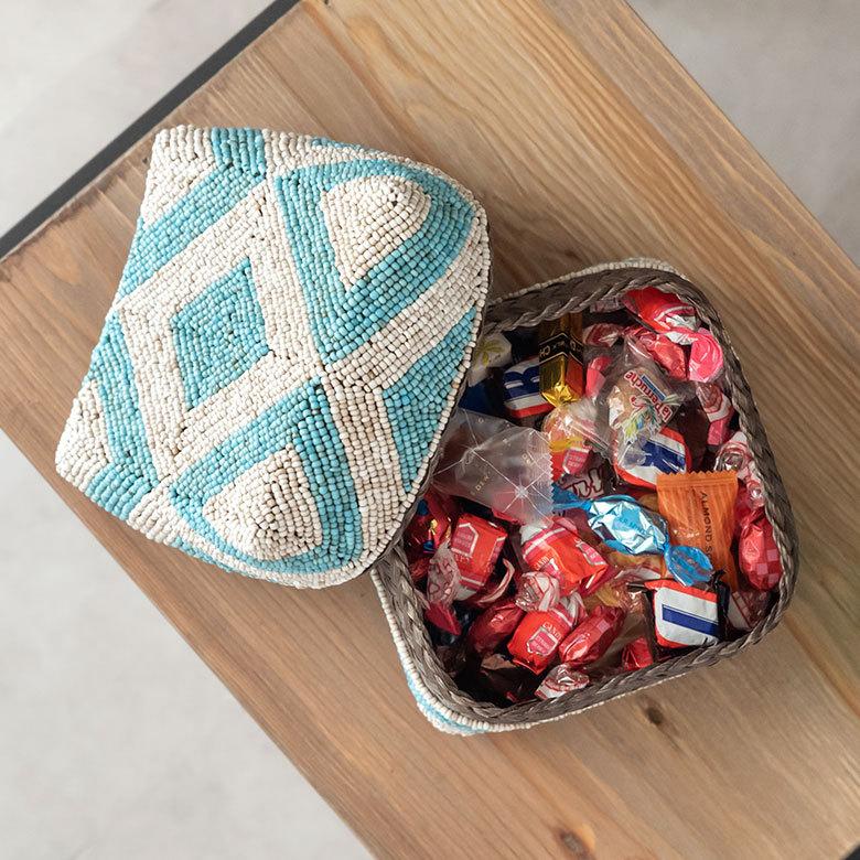 小物入れ M 蓋つき ビーズ製 バスケット 収納 ダイヤ柄 アジアン雑貨 Mサイズ アクセサリーボックス ソカシ フタ付きケース ブルー おしゃれ 13532-m | ブランド登録なし | 02