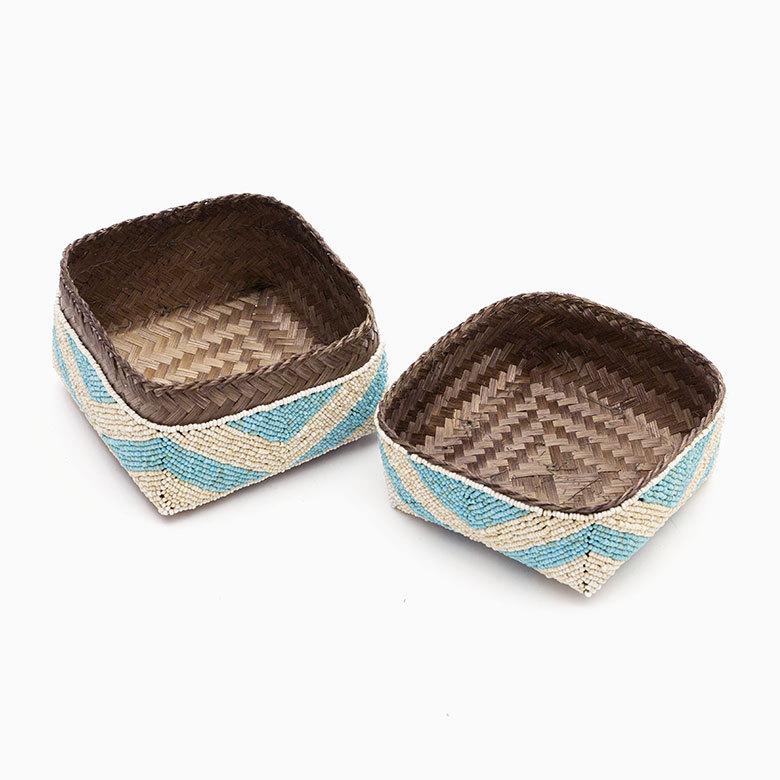 小物入れ M 蓋つき ビーズ製 バスケット 収納 ダイヤ柄 アジアン雑貨 Mサイズ アクセサリーボックス ソカシ フタ付きケース ブルー おしゃれ 13532-m | ブランド登録なし | 08