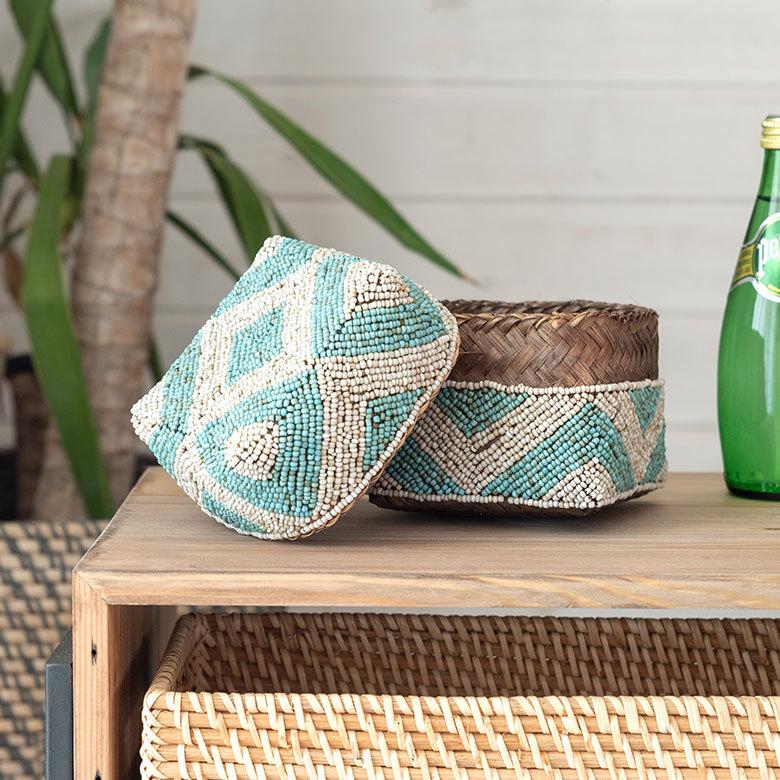 小物入れ S 蓋つき ビーズ製 バスケット 収納 ダイヤ柄 アジアン雑貨 Sサイズ アクセサリーボックス ソカシ フタ付きケース ブルー おしゃれ 13532-s | ブランド登録なし | 11