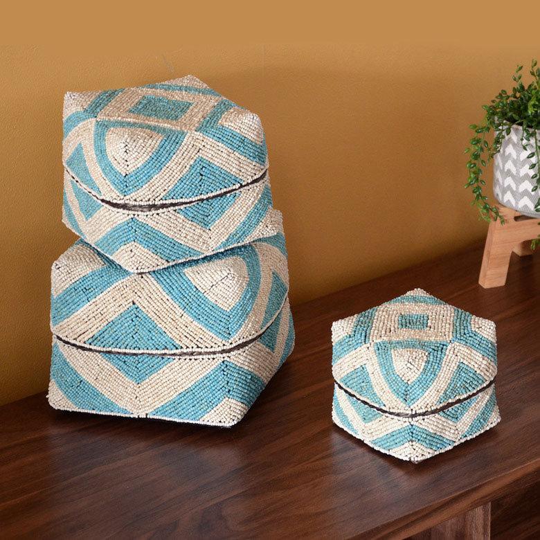 小物入れ S 蓋つき ビーズ製 バスケット 収納 ダイヤ柄 アジアン雑貨 Sサイズ アクセサリーボックス ソカシ フタ付きケース ブルー おしゃれ 13532-s | ブランド登録なし | 14
