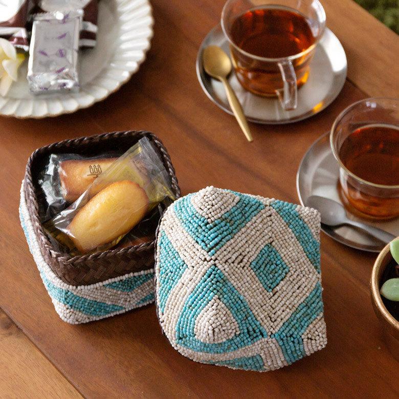 小物入れ S 蓋つき ビーズ製 バスケット 収納 ダイヤ柄 アジアン雑貨 Sサイズ アクセサリーボックス ソカシ フタ付きケース ブルー おしゃれ 13532-s | ブランド登録なし | 17