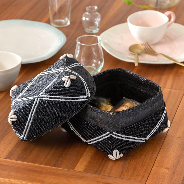小物入れ 蓋つき ビーズ製 バスケット 収納 ダイヤ柄 アジアン雑貨 Lサイズ アクセサリーボックス ソカシ フタ付きケース ブラック おしゃれ 13533-l | ブランド登録なし | 10