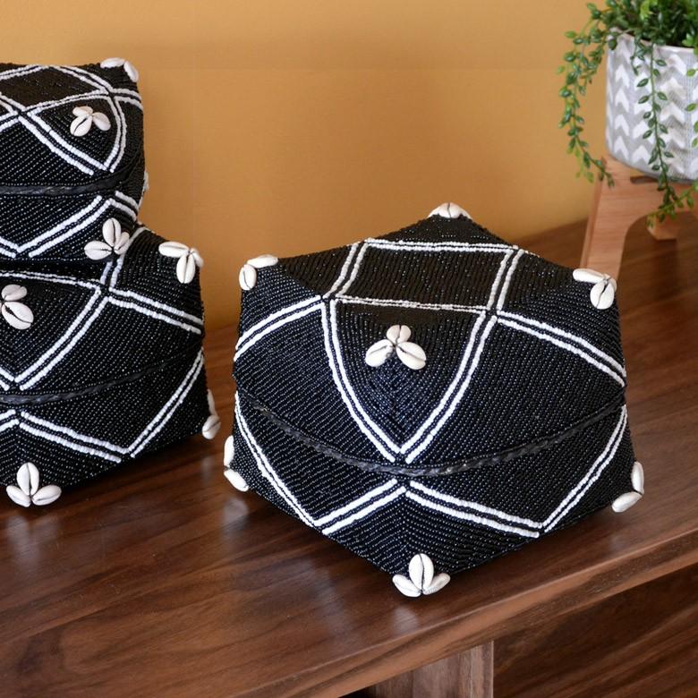 小物入れ 蓋つき ビーズ製 バスケット 収納 ダイヤ柄 アジアン雑貨 Lサイズ アクセサリーボックス ソカシ フタ付きケース ブラック おしゃれ 13533-l | ブランド登録なし | 12