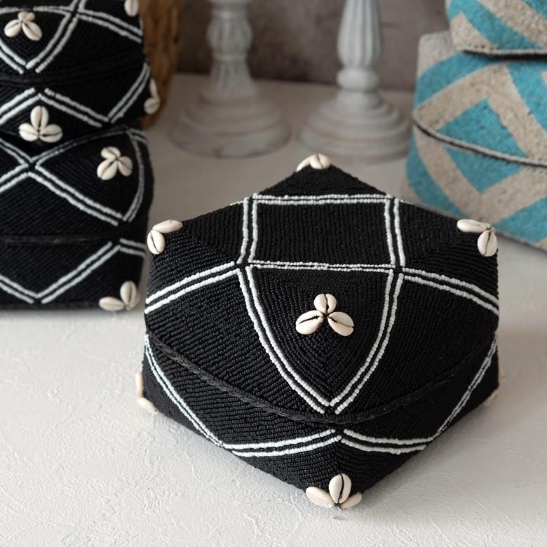 小物入れ 蓋つき ビーズ製 バスケット 収納 ダイヤ柄 アジアン雑貨 Lサイズ アクセサリーボックス ソカシ フタ付きケース ブラック おしゃれ 13533-l | ブランド登録なし | 14