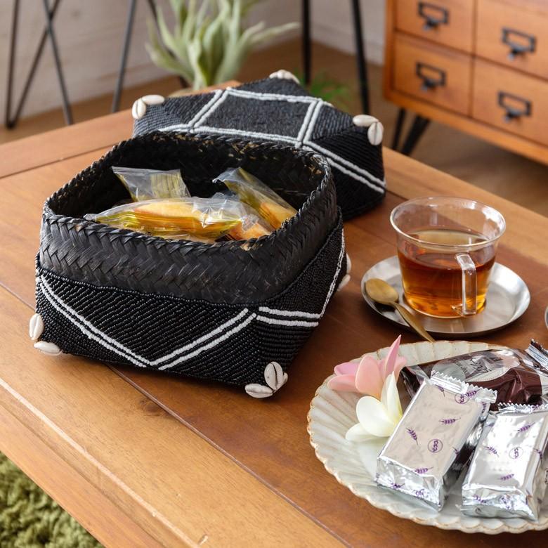 小物入れ 蓋つき ビーズ製 バスケット 収納 ダイヤ柄 アジアン雑貨 Lサイズ アクセサリーボックス ソカシ フタ付きケース ブラック おしゃれ 13533-l | ブランド登録なし | 15