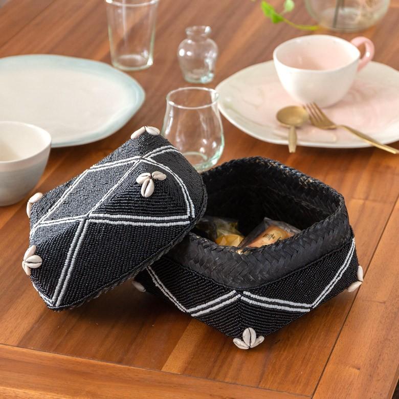 小物入れ 蓋つき ビーズ製 バスケット 収納 ダイヤ柄 アジアン雑貨 Lサイズ アクセサリーボックス ソカシ フタ付きケース ブラック おしゃれ 13533-l | ブランド登録なし | 02