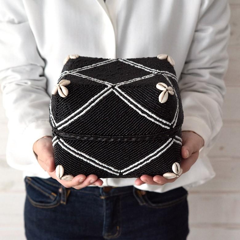 小物入れ 蓋つき ビーズ製 バスケット 収納 ダイヤ柄 アジアン雑貨 Lサイズ アクセサリーボックス ソカシ フタ付きケース ブラック おしゃれ 13533-l | ブランド登録なし | 03