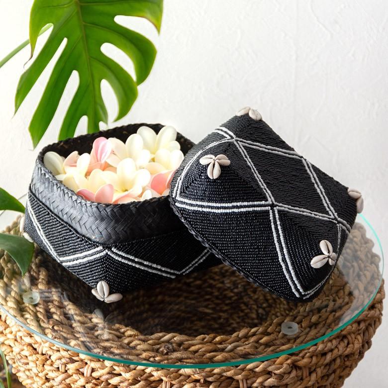 小物入れ 蓋つき ビーズ製 バスケット 収納 ダイヤ柄 アジアン雑貨 Lサイズ アクセサリーボックス ソカシ フタ付きケース ブラック おしゃれ 13533-l | ブランド登録なし | 04