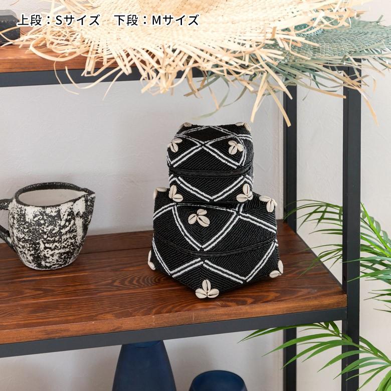 小物入れ 蓋つき ビーズ製 バスケット 収納 ダイヤ柄 アジアン雑貨 Sサイズ アクセサリーボックス ソカシ フタ付きケース ブラック おしゃれ 13533-s | ブランド登録なし | 10