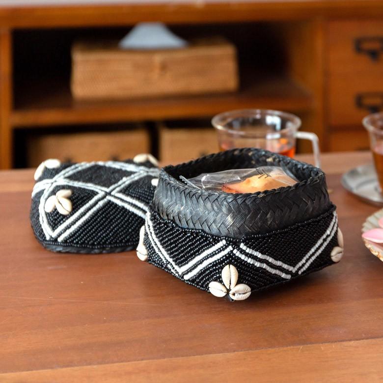 小物入れ 蓋つき ビーズ製 バスケット 収納 ダイヤ柄 アジアン雑貨 Sサイズ アクセサリーボックス ソカシ フタ付きケース ブラック おしゃれ 13533-s | ブランド登録なし | 11