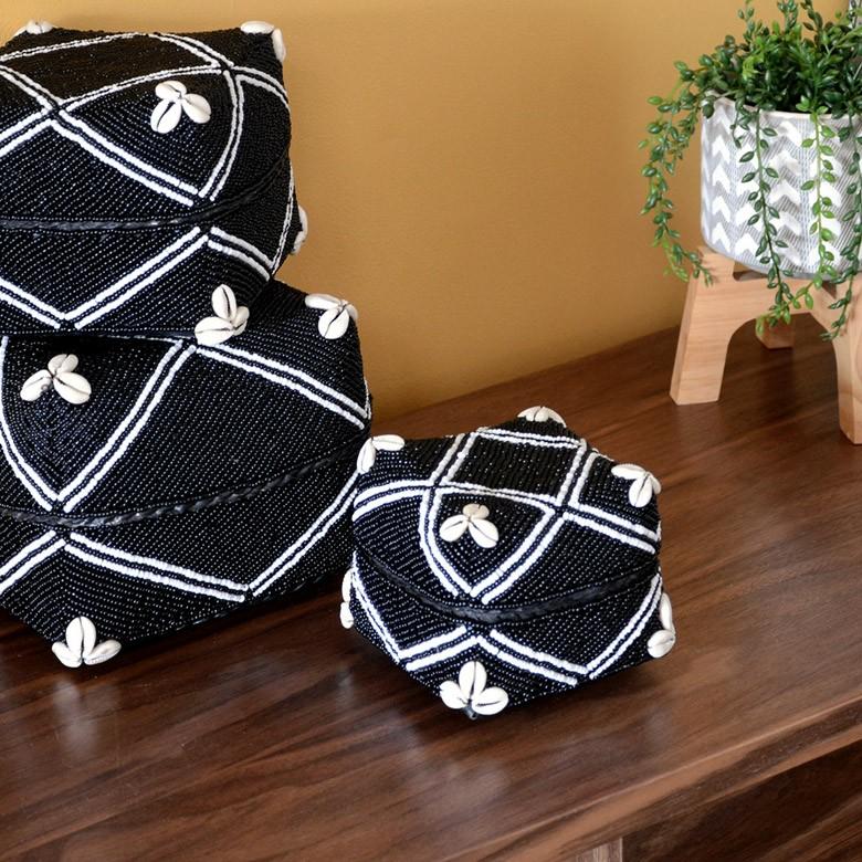 小物入れ 蓋つき ビーズ製 バスケット 収納 ダイヤ柄 アジアン雑貨 Sサイズ アクセサリーボックス ソカシ フタ付きケース ブラック おしゃれ 13533-s | ブランド登録なし | 12