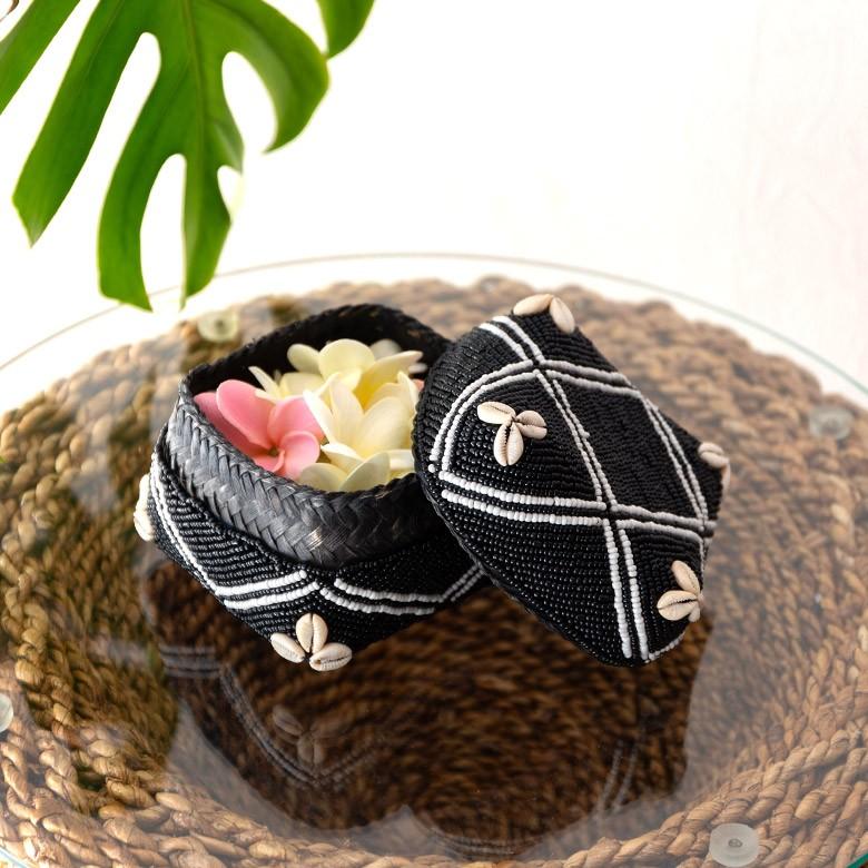 小物入れ 蓋つき ビーズ製 バスケット 収納 ダイヤ柄 アジアン雑貨 Sサイズ アクセサリーボックス ソカシ フタ付きケース ブラック おしゃれ 13533-s | ブランド登録なし | 04