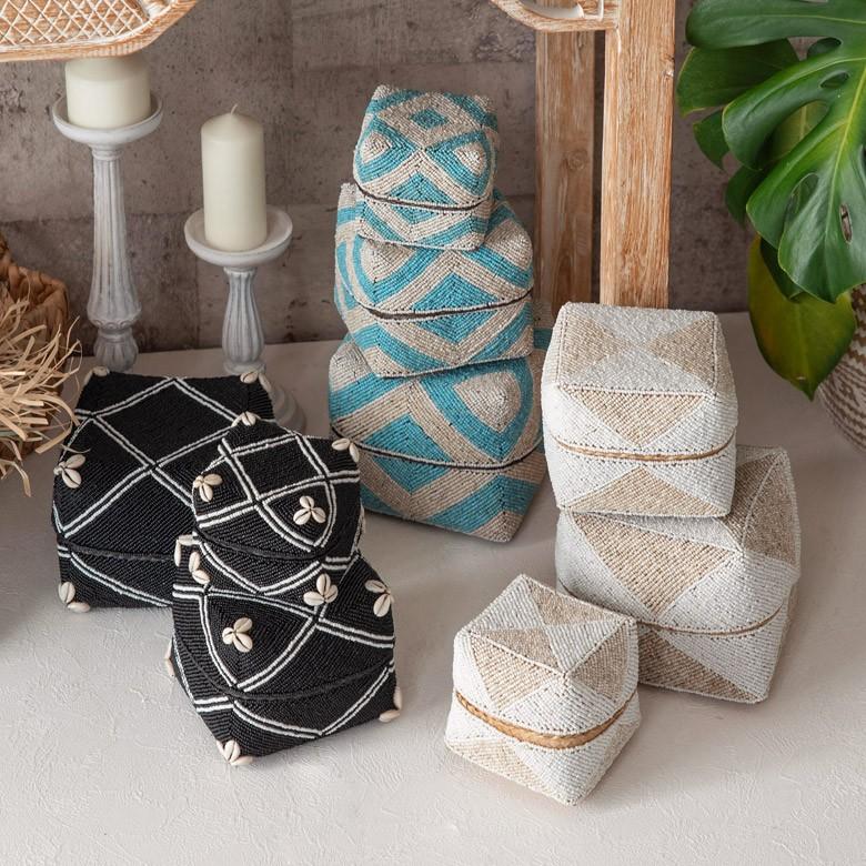 小物入れ 蓋つき ビーズ製 バスケット 収納 ダイヤ柄 アジアン雑貨 Sサイズ アクセサリーボックス ソカシ フタ付きケース ブラック おしゃれ 13533-s | ブランド登録なし | 09