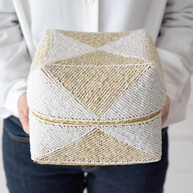 小物入れ 蓋つき ビーズ製 バスケット 収納 ダイヤ柄 アジアン雑貨 Lサイズ アクセサリーボックス ソカシ フタ付きケース ホワイト おしゃれ 13535-l | ブランド登録なし | 03