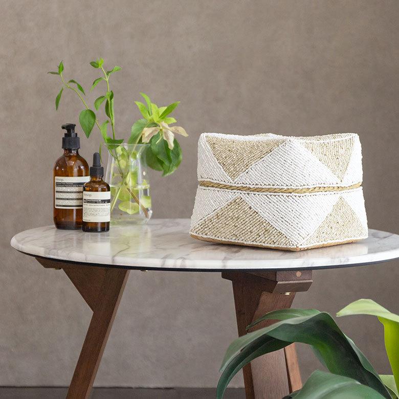 小物入れ 蓋つき ビーズ製 バスケット 収納 ダイヤ柄 アジアン雑貨 Lサイズ アクセサリーボックス ソカシ フタ付きケース ホワイト おしゃれ 13535-l | ブランド登録なし | 07