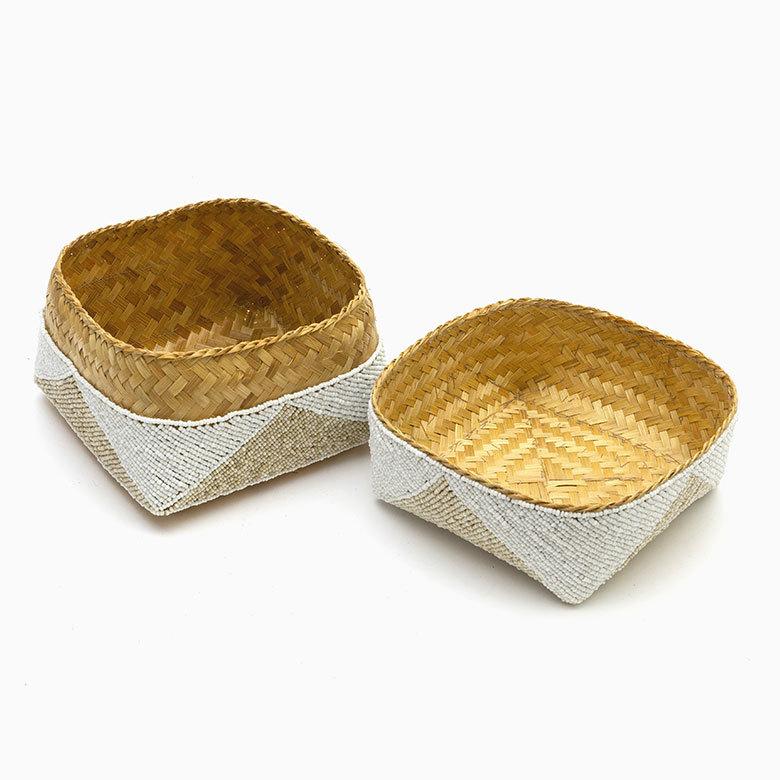 小物入れ 蓋つき ビーズ製 バスケット 収納 ダイヤ柄 アジアン