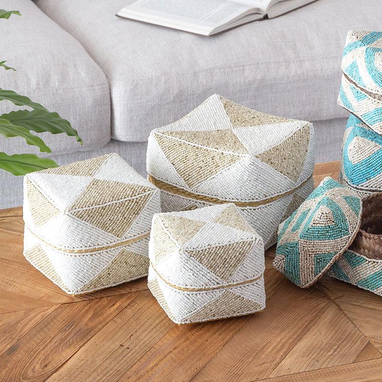 小物入れ 蓋つき ビーズ製 バスケット 収納 ダイヤ柄 アジアン雑貨 Mサイズ アクセサリーボックス ソカシ フタ付きケース ホワイト おしゃれ 13535-m | ブランド登録なし | 12