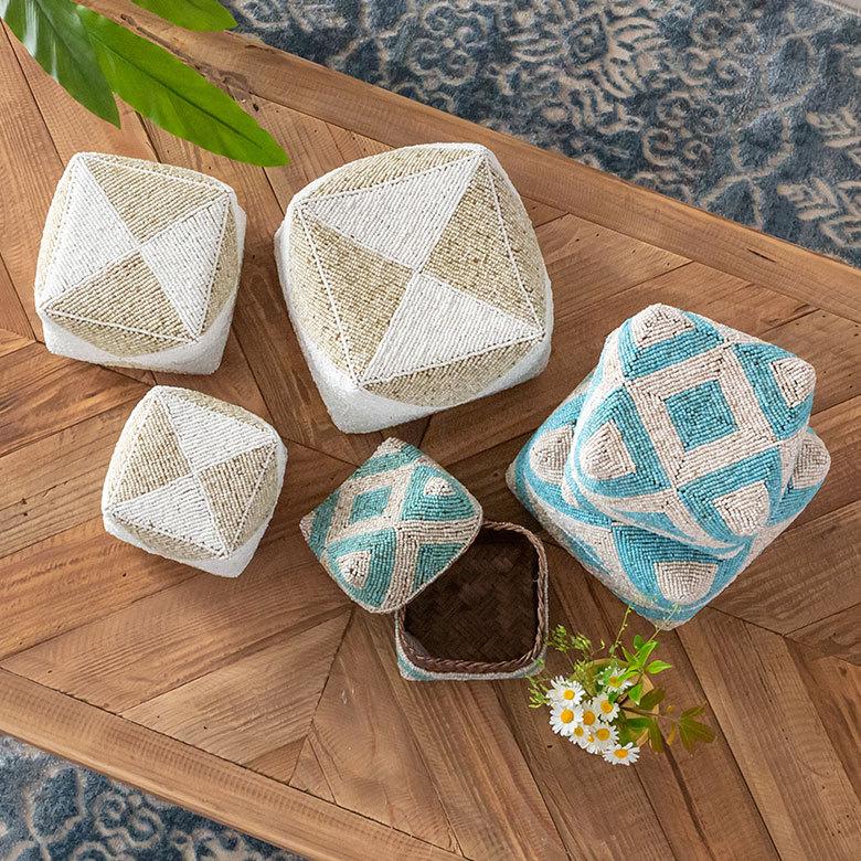 小物入れ 蓋つき ビーズ製 バスケット 収納 ダイヤ柄 アジアン雑貨 Mサイズ アクセサリーボックス ソカシ フタ付きケース ホワイト おしゃれ 13535-m | ブランド登録なし | 17