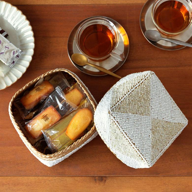 小物入れ 蓋つき ビーズ製 バスケット 収納 ダイヤ柄 アジアン雑貨 Mサイズ アクセサリーボックス ソカシ フタ付きケース ホワイト おしゃれ 13535-m | ブランド登録なし | 02