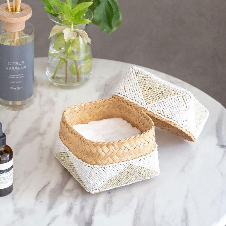 小物入れ 蓋つき ビーズ製 バスケット Sサイズ 収納 ダイヤ柄 アジアン雑貨 アクセサリーボックス ソカシ フタ付きケース ホワイト おしゃれ 13535-s | ブランド登録なし | 11