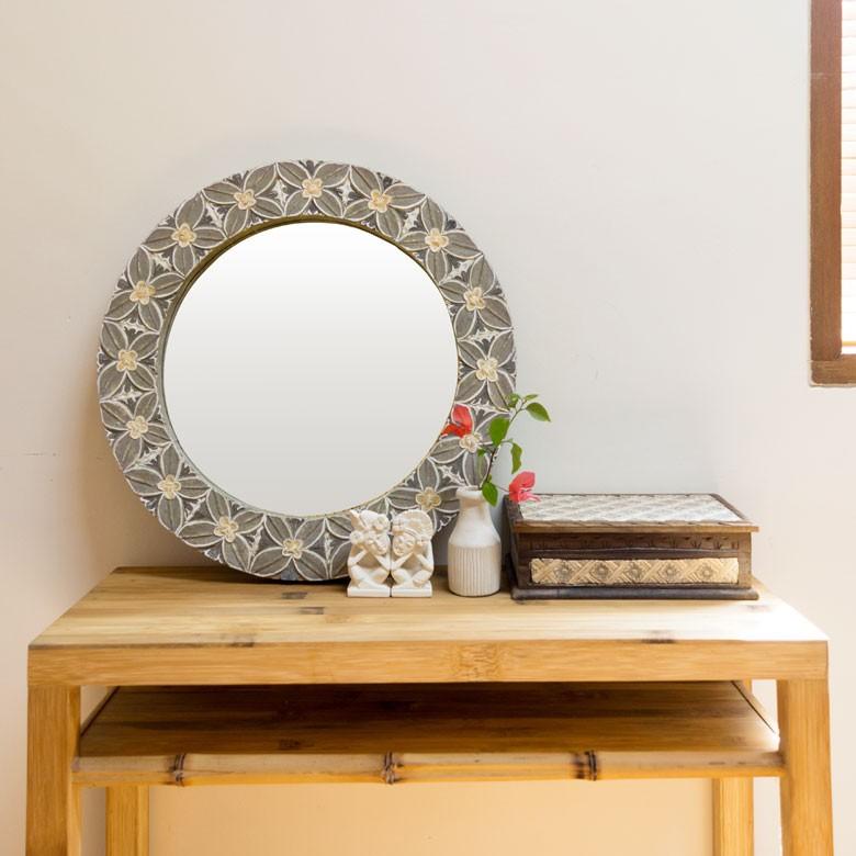 ミラー 壁掛けミラー 鏡 背面フック付き 木彫り 花モチーフ 円形 アジアン バリ雑貨 玄関 リビング インテリア ウォールミラー プレゼント 13589 | ブランド登録なし | 11