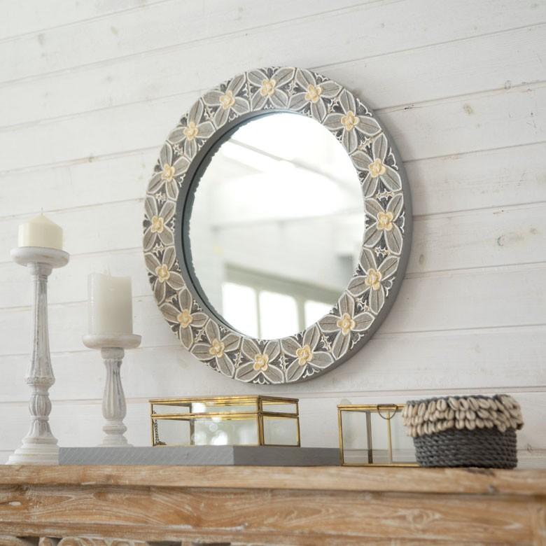ミラー 壁掛けミラー 鏡 背面フック付き 木彫り 花モチーフ 円形 アジアン バリ雑貨 玄関 リビング インテリア ウォールミラー プレゼント 13589 | ブランド登録なし | 13