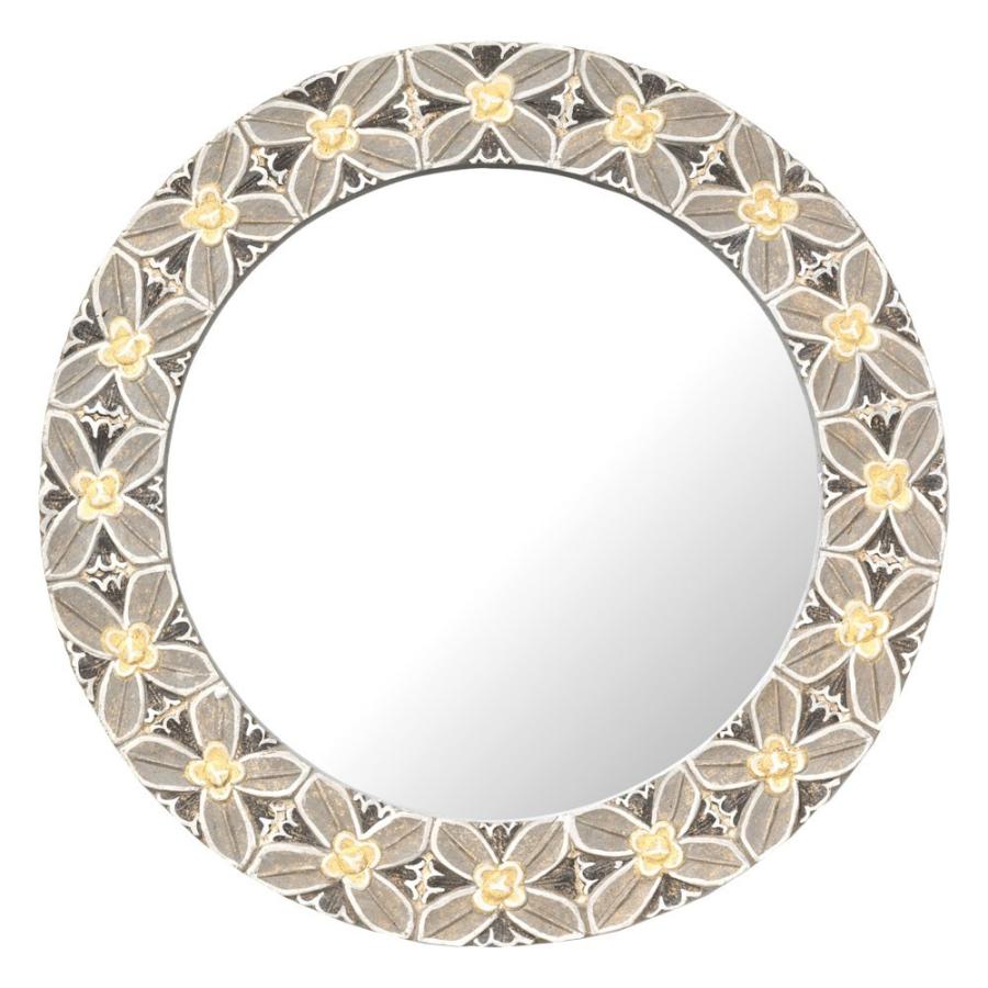 ミラー 壁掛けミラー 鏡 背面フック付き 木彫り 花モチーフ 円形 アジアン バリ雑貨 玄関 リビング インテリア ウォールミラー プレゼント 13589 | ブランド登録なし | 14