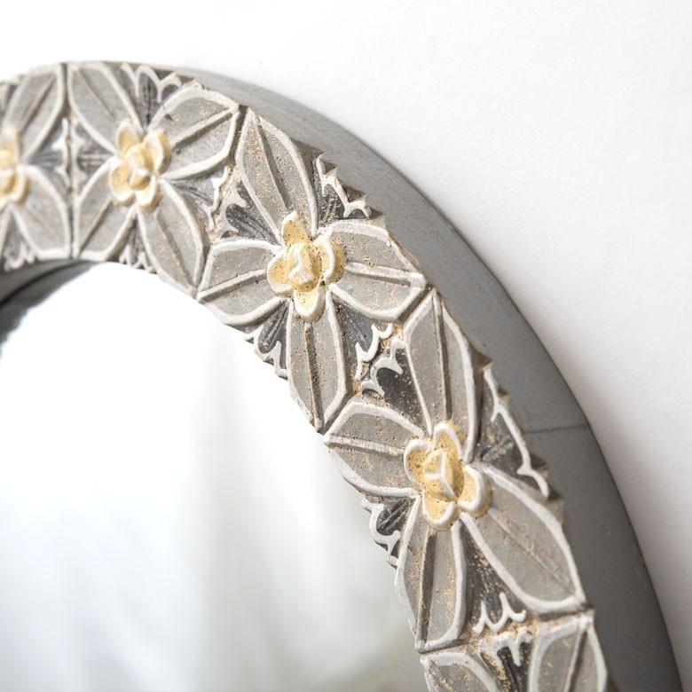 ミラー 壁掛けミラー 鏡 背面フック付き 木彫り 花モチーフ 円形 アジアン バリ雑貨 玄関 リビング インテリア ウォールミラー プレゼント 13589 | ブランド登録なし | 02
