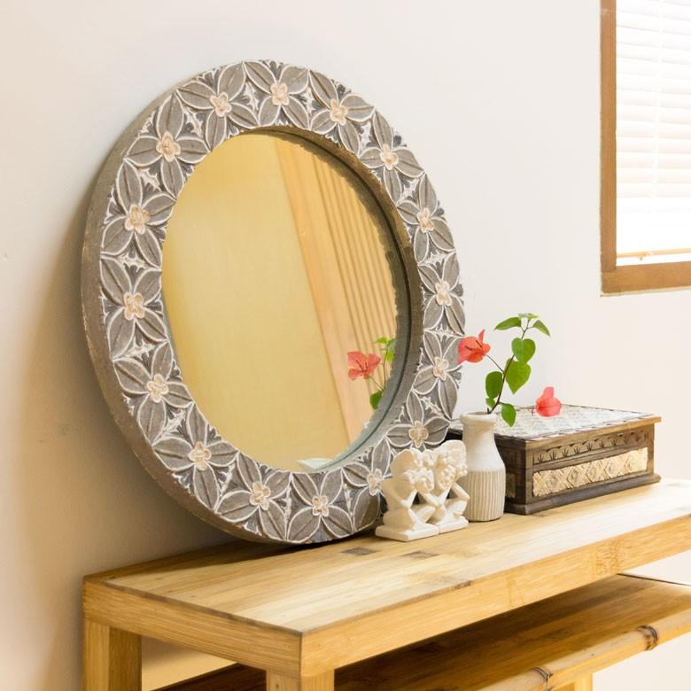 ミラー 壁掛けミラー 鏡 背面フック付き 木彫り 花モチーフ 円形 アジアン バリ雑貨 玄関 リビング インテリア ウォールミラー プレゼント 13589 | ブランド登録なし | 03