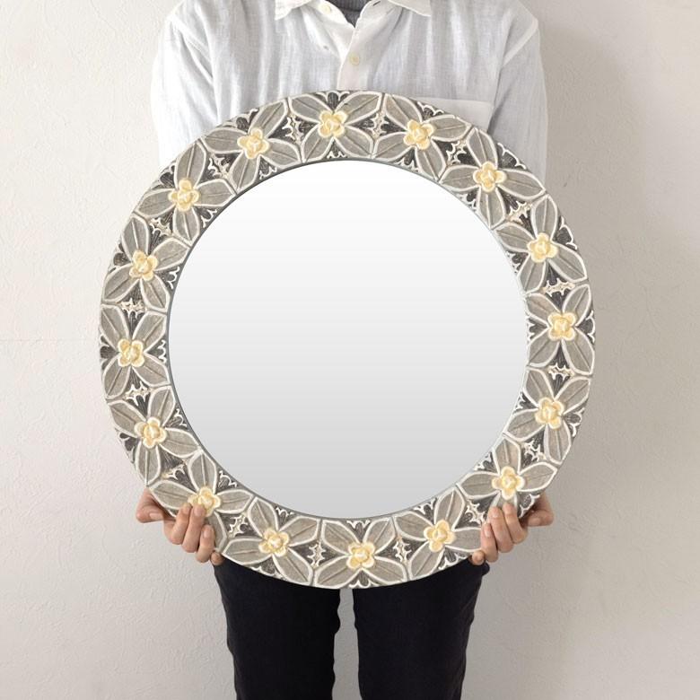 ミラー 壁掛けミラー 鏡 背面フック付き 木彫り 花モチーフ 円形 アジアン バリ雑貨 玄関 リビング インテリア ウォールミラー プレゼント 13589 | ブランド登録なし | 04