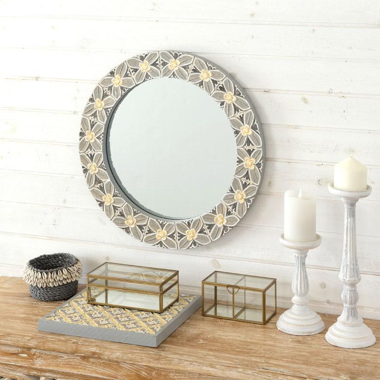 ミラー 壁掛けミラー 鏡 背面フック付き 木彫り 花モチーフ 円形 アジアン バリ雑貨 玄関 リビング インテリア ウォールミラー プレゼント 13589 | ブランド登録なし | 05