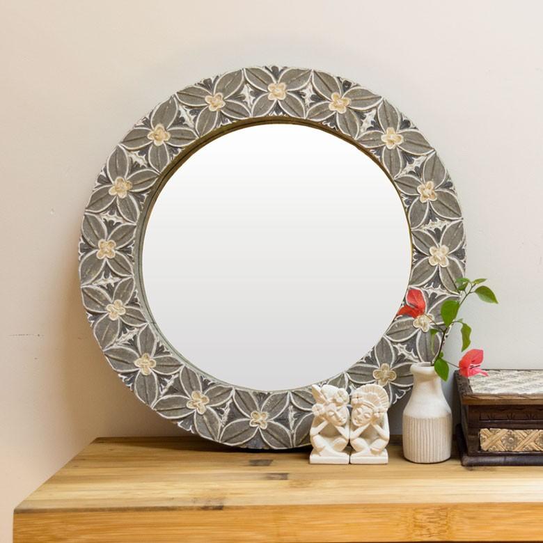 ミラー 壁掛けミラー 鏡 背面フック付き 木彫り 花モチーフ 円形 アジアン バリ雑貨 玄関 リビング インテリア ウォールミラー プレゼント 13589 | ブランド登録なし | 06