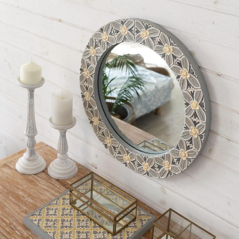 ミラー 壁掛けミラー 鏡 背面フック付き 木彫り 花モチーフ 円形 アジアン バリ雑貨 玄関 リビング インテリア ウォールミラー プレゼント 13589 | ブランド登録なし | 09